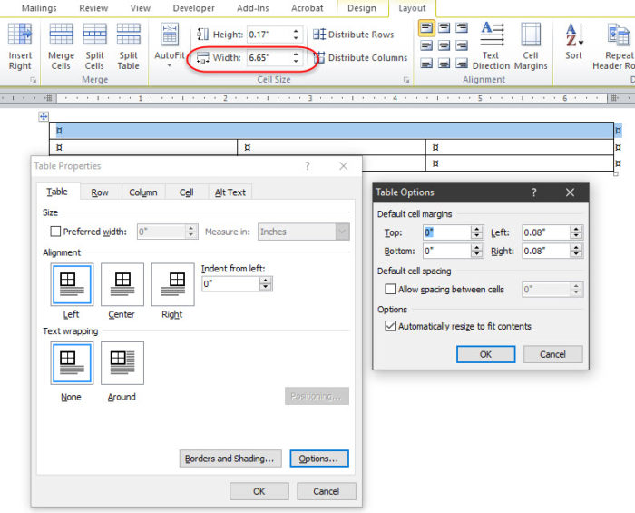 how to insert a table in word pad for windos 10