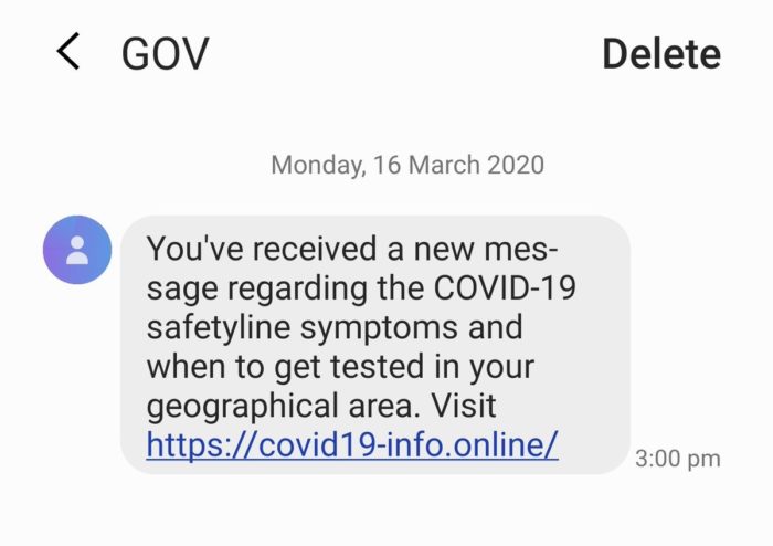 A COVID-19 phishing text that has been making the rounds.