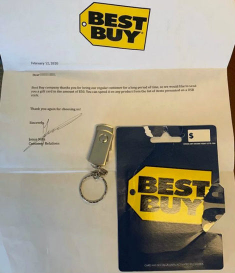 The hackers are mailing out a Best Buy Gift Card along with a USB thumbdrive to gain access to your information.